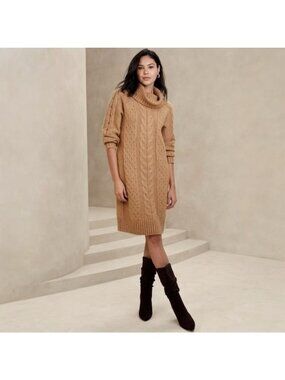 Banana Republic Tan Brown Cowl Neck Cable Knit Sweater Dress Wool Blend